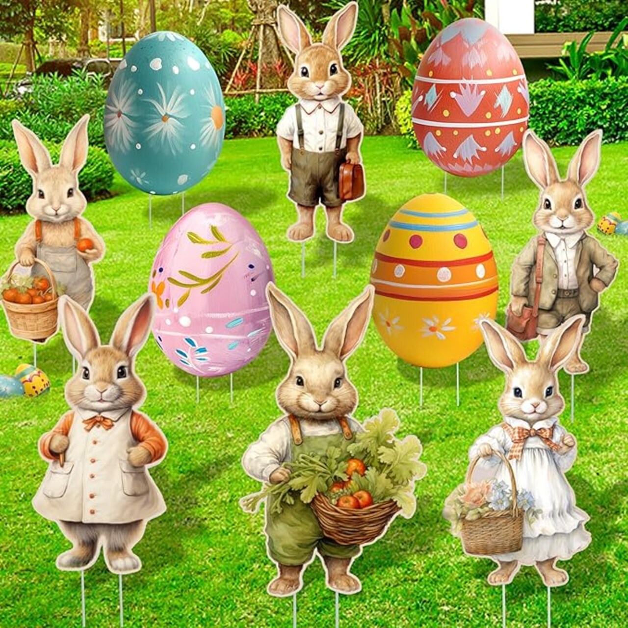 10 Pcs Easter Yard Decorations Outdoor, Bunny Egg Yard Signs with Stake, Spring Lawn Garden Signs Decor for Kids Family Home Outside Happy Easter Party Egg Hunt